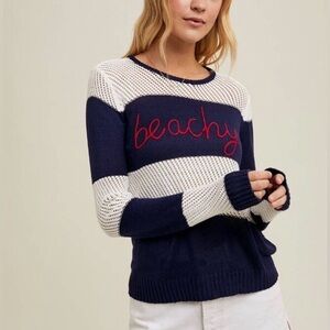 NWT WISHLIST Beachy Embroidered Navy Off White Striped Sheer Top Top Size Small